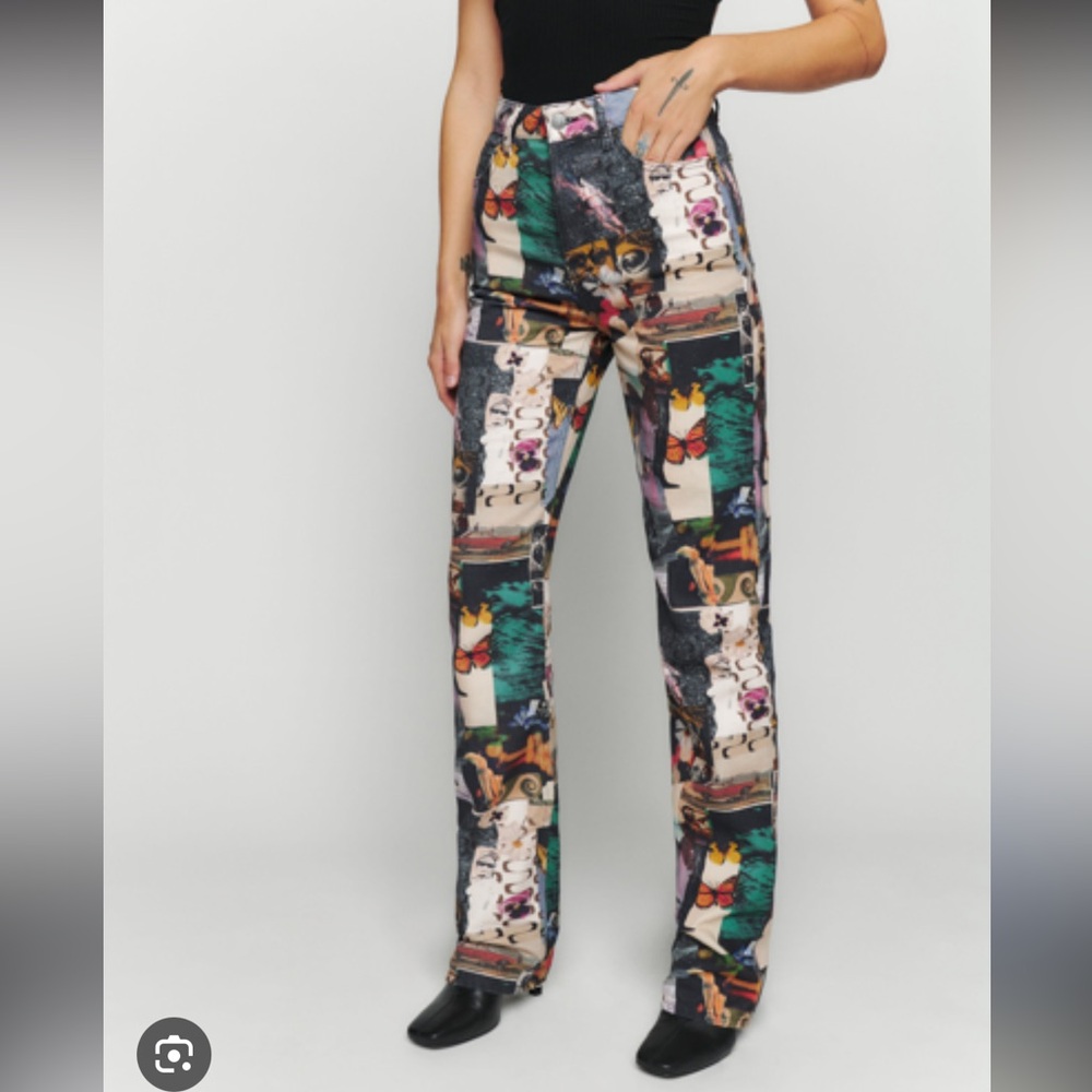 Reformation Cynthia Straight High Rise Long Jeans Decoupage Mixed Print size 26